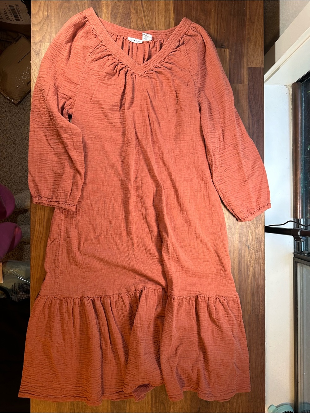 Lucky Brand Dress Womens Medium Rust Orange Gauze V Neck Ruffle Midi Boho